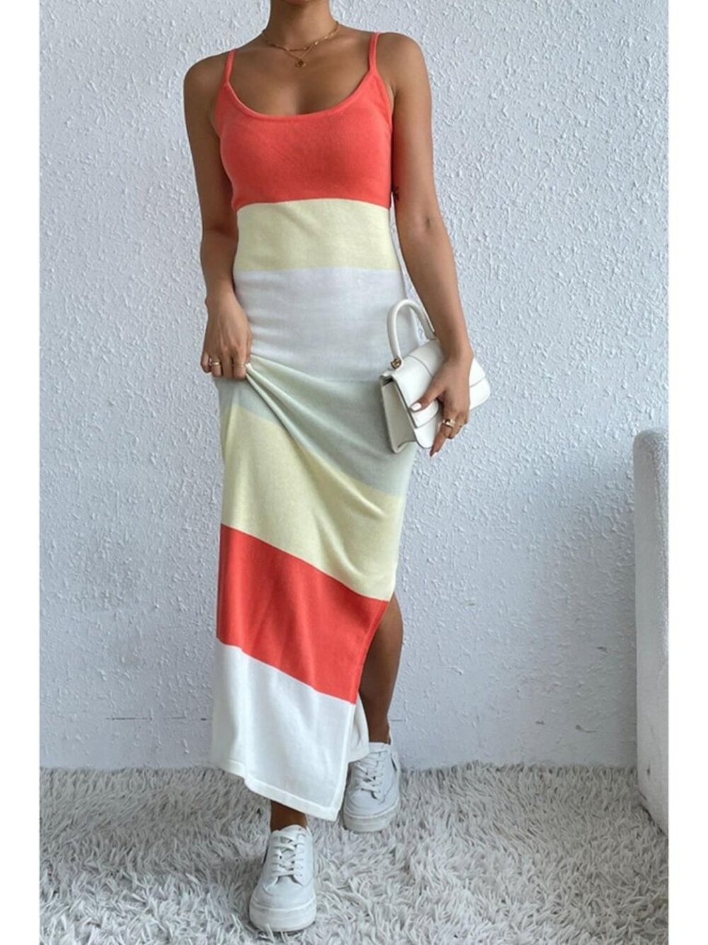 Women's Colorblock Spaghetti Strap Knit Maxi Dress Beach Vacation Summer